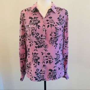 White House Black Market Rose Floral Silk Button Down